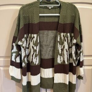 Umgee Olive Green Brown and Cream Patterned Open-Front Cardigan